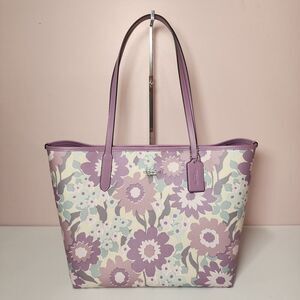 NWT COACH CBG78 City Tote Bag With Floral Print Ivory/Purple Multi